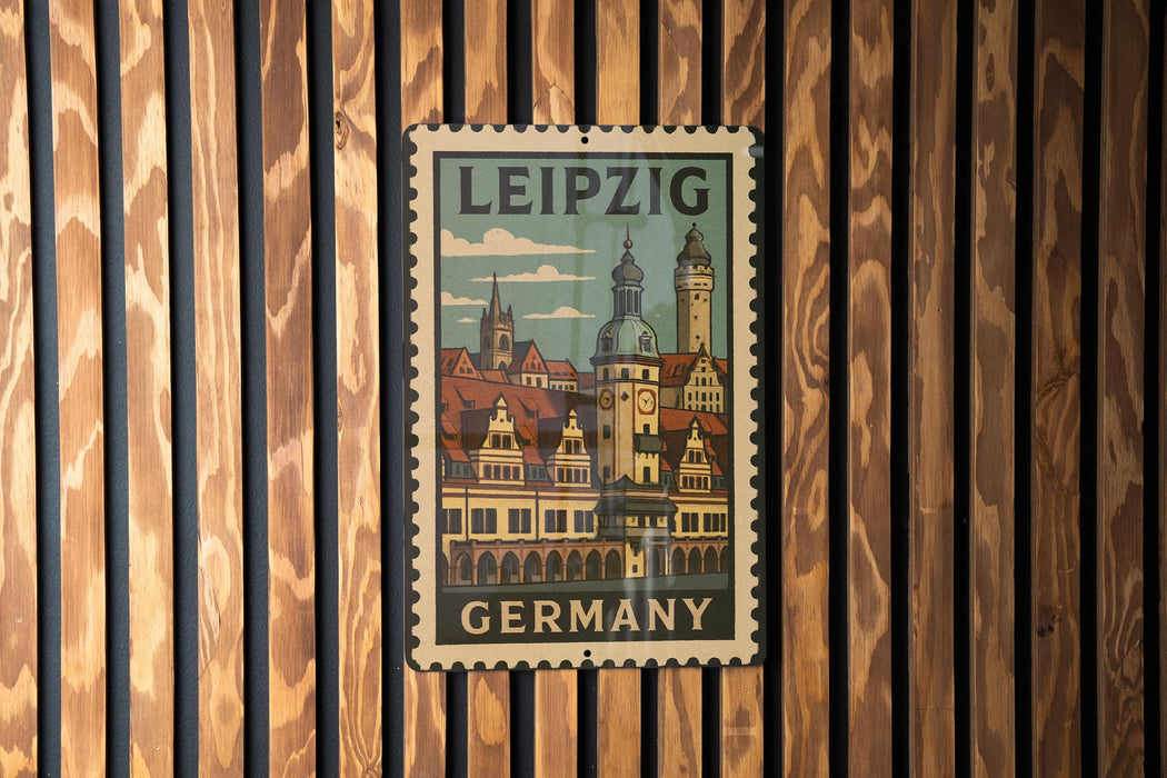 A vintage-style metal stamp depicting the Leipzig cityscape, with the text "LEIPZIG GERMANY" prominently displayed.