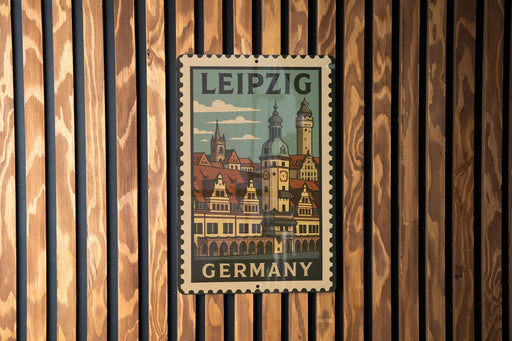 A vintage-style metal stamp depicting the Leipzig cityscape, with the text "LEIPZIG GERMANY" prominently displayed.