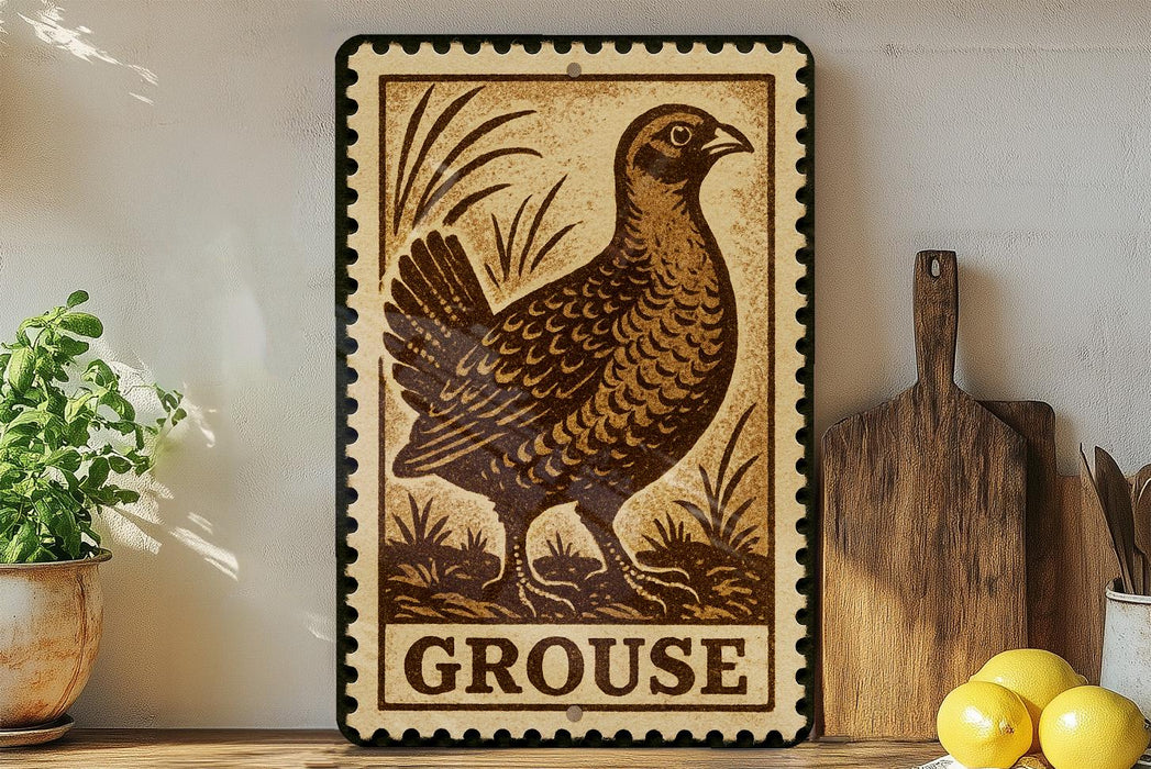 a wooden sign with a bird illustration, placed on a shelf next to a wooden cutting board and some lemons.