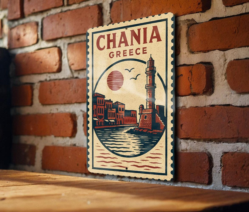 A vintage-style metal sign with the text "CHANIA GREECE" and an illustration of a lighthouse and a cityscape, mounted on a brick wall.