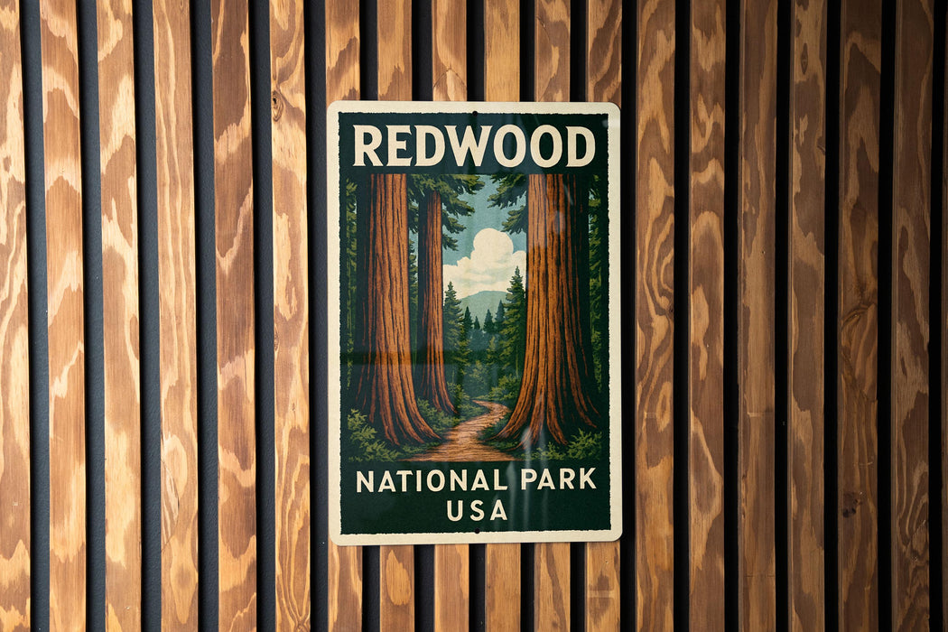A vintage-style poster for Redwood National Park in the United States, featuring a scenic image of towering redwood trees.