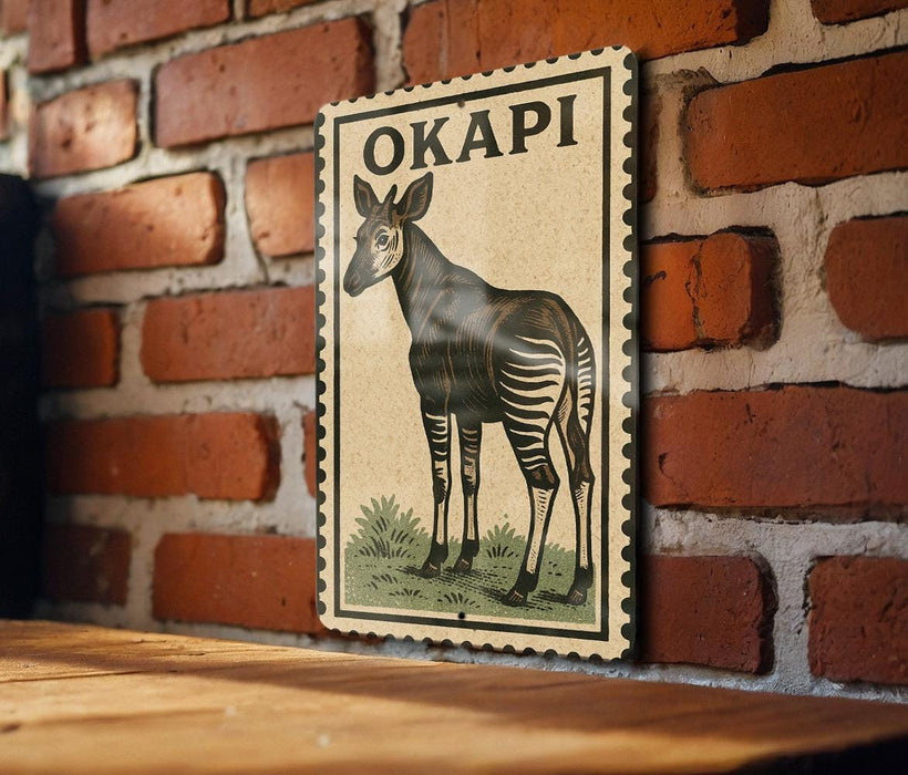A poster of a zebra is displayed on a brick wall, with the word "OKAPI" written above it.
