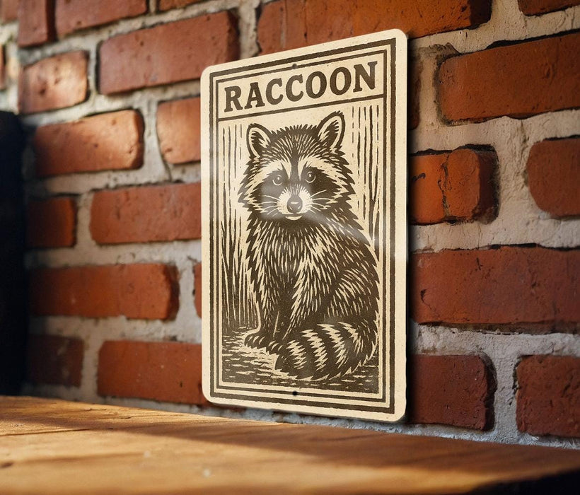 a raccoon on a sign, which is mounted on a brick wall.