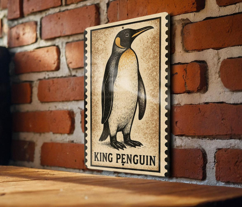 A framed illustration of a penguin is displayed on a brick wall, with the word "KING PENGUIN" written below the image.