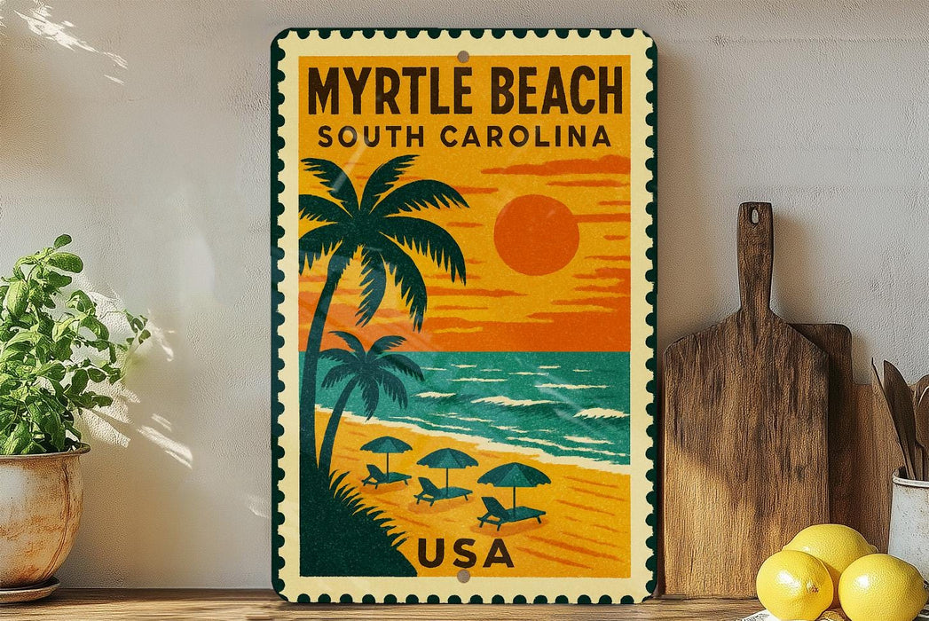 A vintage-style metal sign for Myrtle Beach, South Carolina, featuring a palm tree, beach, and sunset.