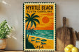A vintage-style metal sign for Myrtle Beach, South Carolina, featuring a palm tree, beach, and sunset.