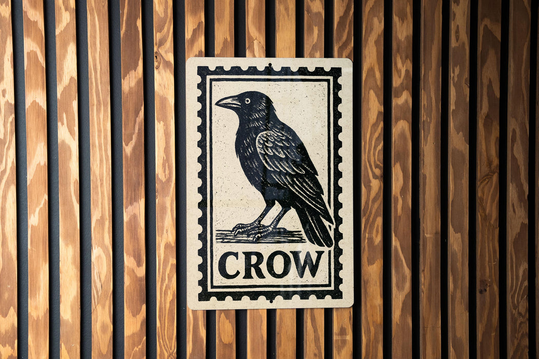a black and white stamp-like sign with a black crow illustration on a wooden background.