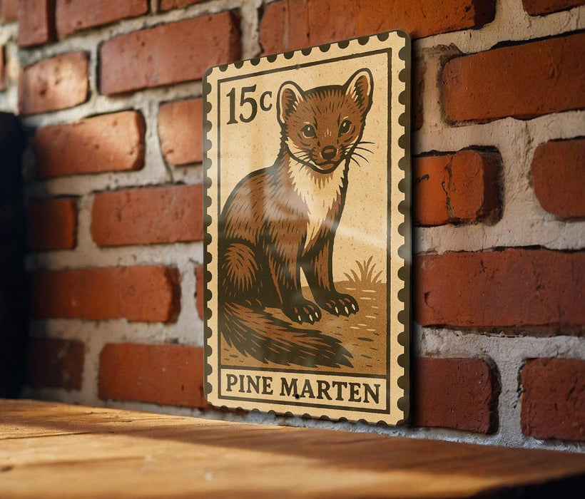 A wooden table with a framed image of a pine marten on it, mounted on a brick wall.
