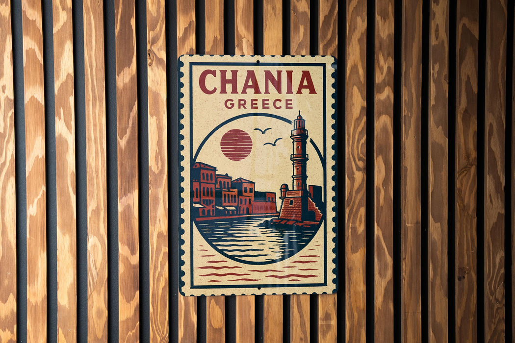A vintage-style poster of Chania, Greece, featuring a lighthouse and a cityscape, is displayed on a wooden wall.