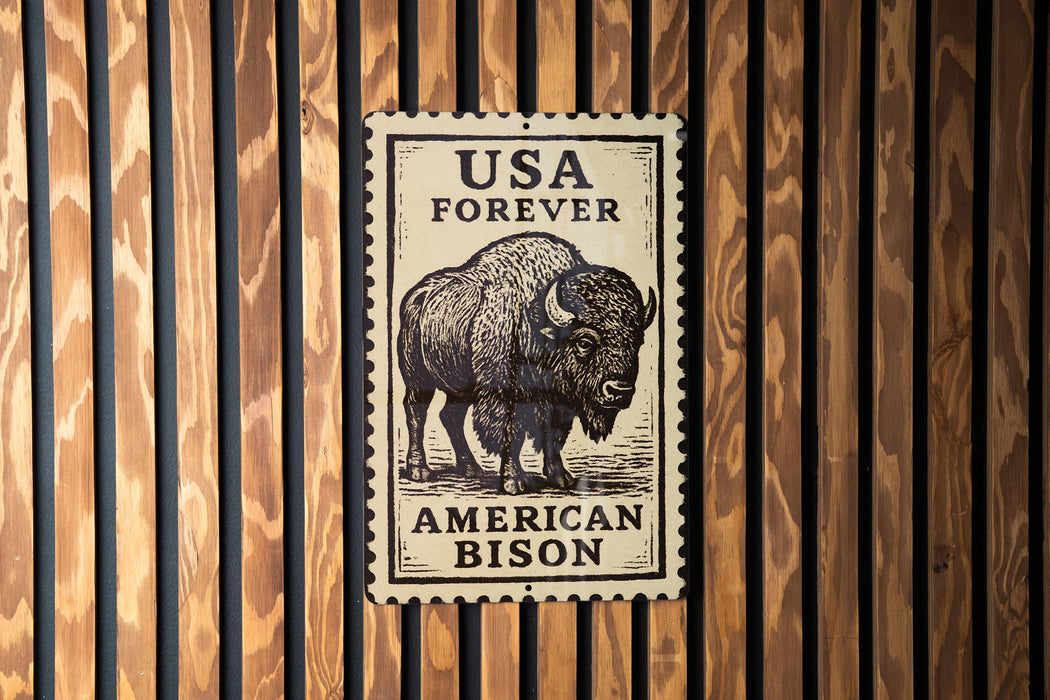 a sign with the text "USA FOREVER AMERICAN BISON" and an illustration of a bison.
