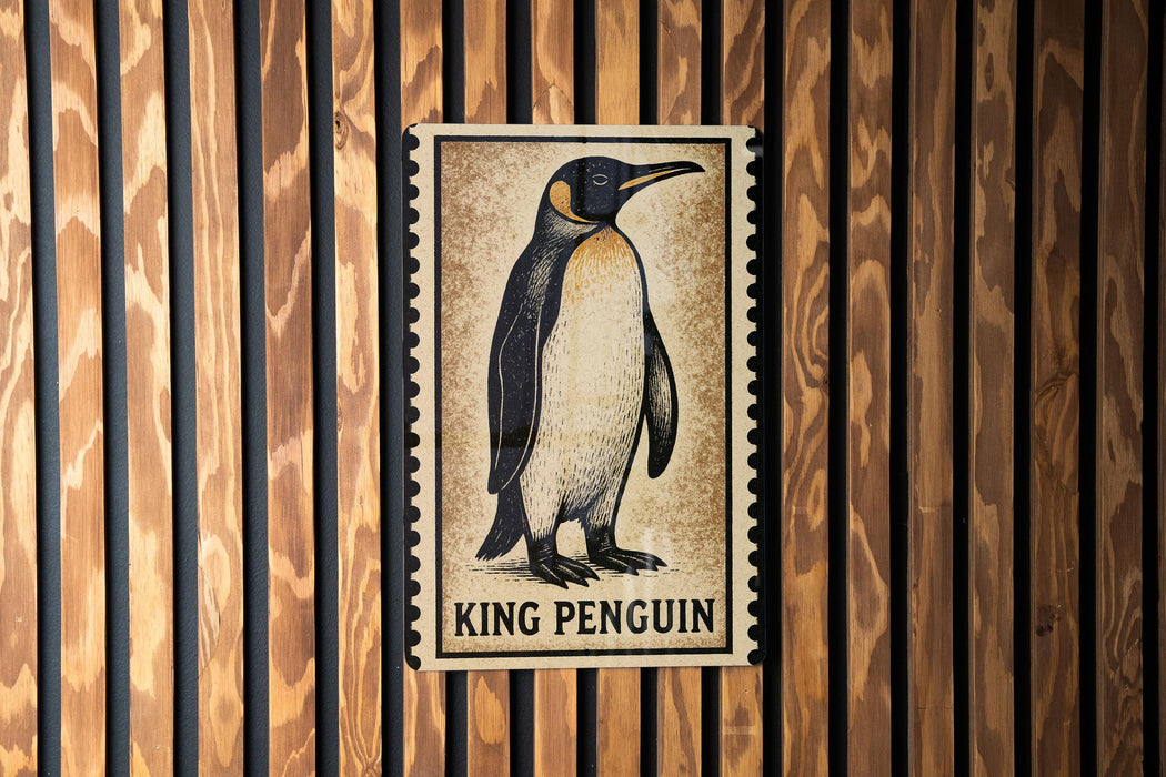 A framed image of a penguin is displayed on a wooden wall.