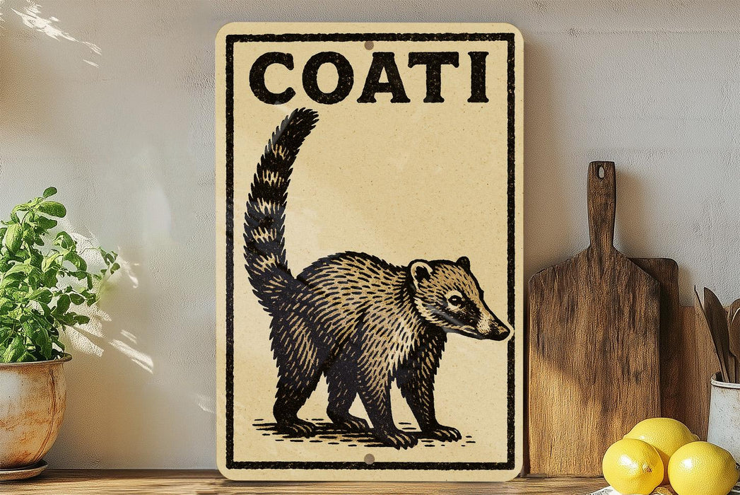 a wooden cutting board with a decorative sign featuring a raccoon or badger illustration, along with some potted plants and a lemon.