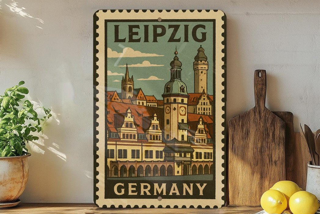 A vintage-style metal sign with a colorful illustration of a German city, featuring a clock tower and other architectural elements, is displayed on a shelf next to a wooden cutting board and a potted plant.
