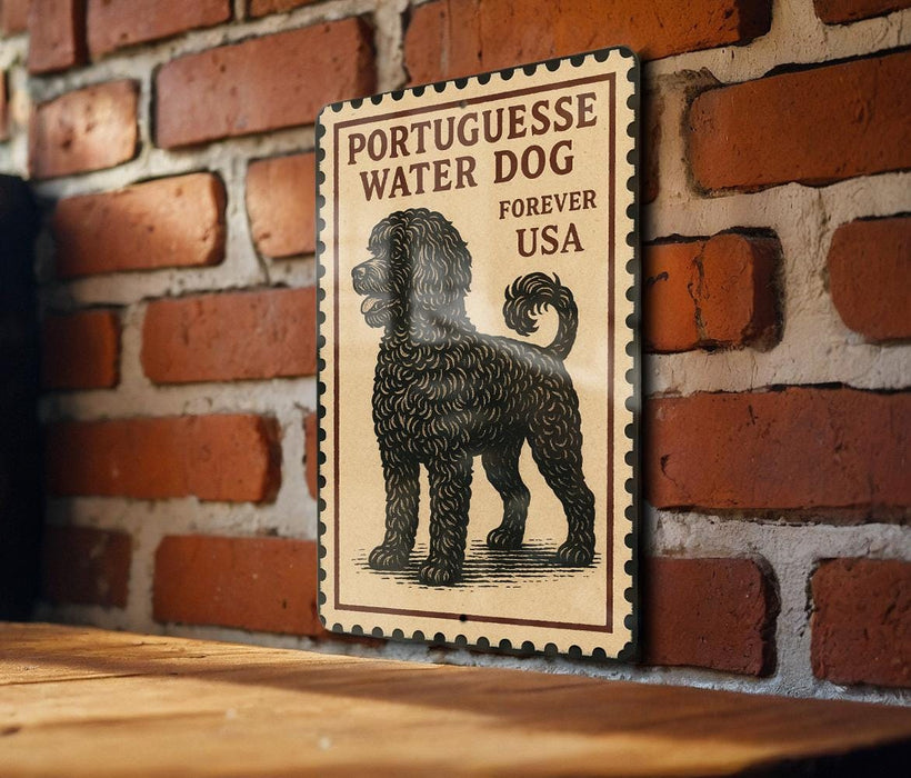 A vintage-style sign featuring a black curly-haired dog, mounted on a brick wall.