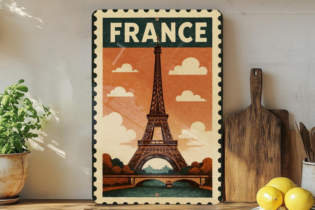 a vintage-style poster of the Eiffel Tower, a famous landmark in Paris, France, displayed on a wall.