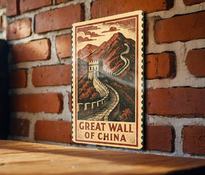 A sign depicting the Great Wall of China is hanging on a brick wall.
