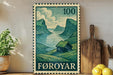 a framed illustration of a coastal landscape with mountains, a small house, and a river, along with a postage stamp in the foreground.