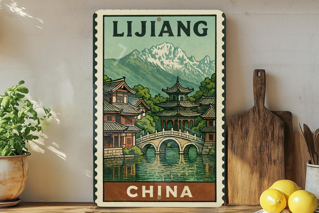 A vintage-style metal sign displaying an illustration of traditional Chinese architecture and a mountain landscape, with the text "LIJIANG CHINA" prominently featured.