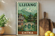 A vintage-style metal sign displaying an illustration of traditional Chinese architecture and a mountain landscape, with the text "LIJIANG CHINA" prominently featured.