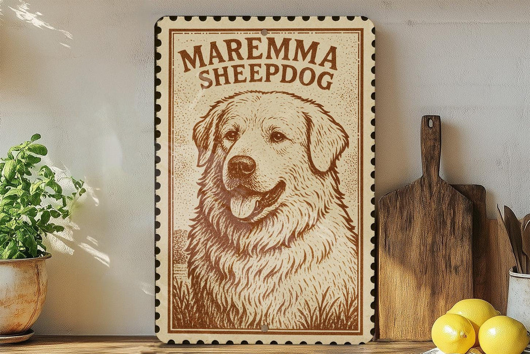 a framed illustration of a large, fluffy dog with a brown and white coat, sitting in a grassy field. The dog appears to be a breed called Maremma Sheepdog, as indicated by the text on the frame. The frame is placed on a shelf next to a wooden cutting board and a potted plant, creating a cozy and homey atmosphere.