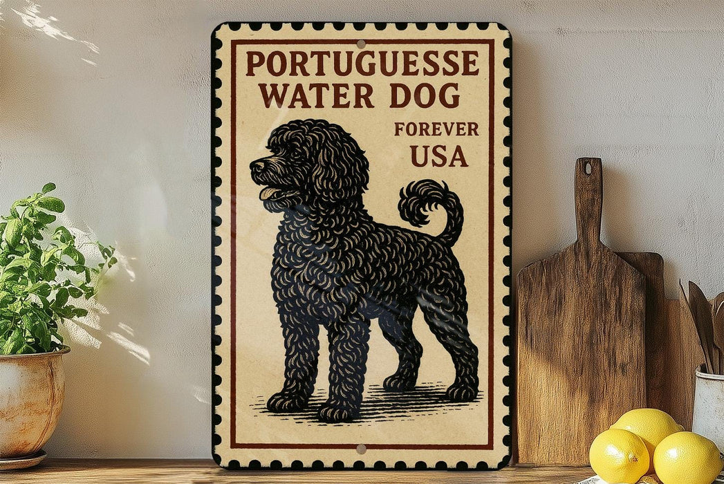 a vintage-style sign with a black and white illustration of a poodle, accompanied by text that reads "Portuguese Water Dog Forever USA".