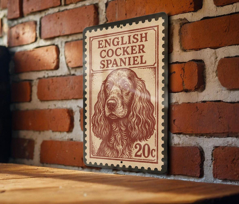 A vintage-style stamp featuring an illustration of an English Cocker Spaniel dog, with the text "English Cocker Spaniel" and "20c" printed on it, mounted on a brick wall.