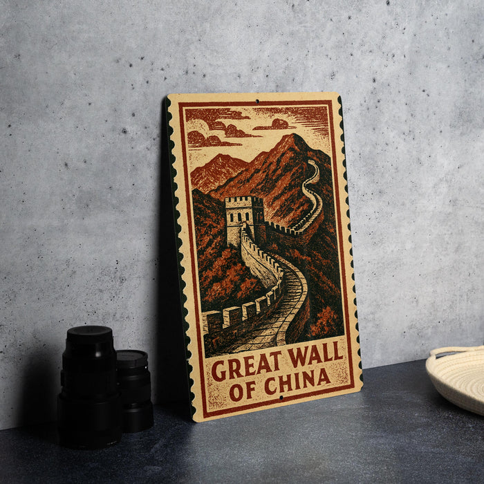 A framed poster of the Great Wall of China, featuring a detailed illustration of the iconic wall winding through mountainous terrain.