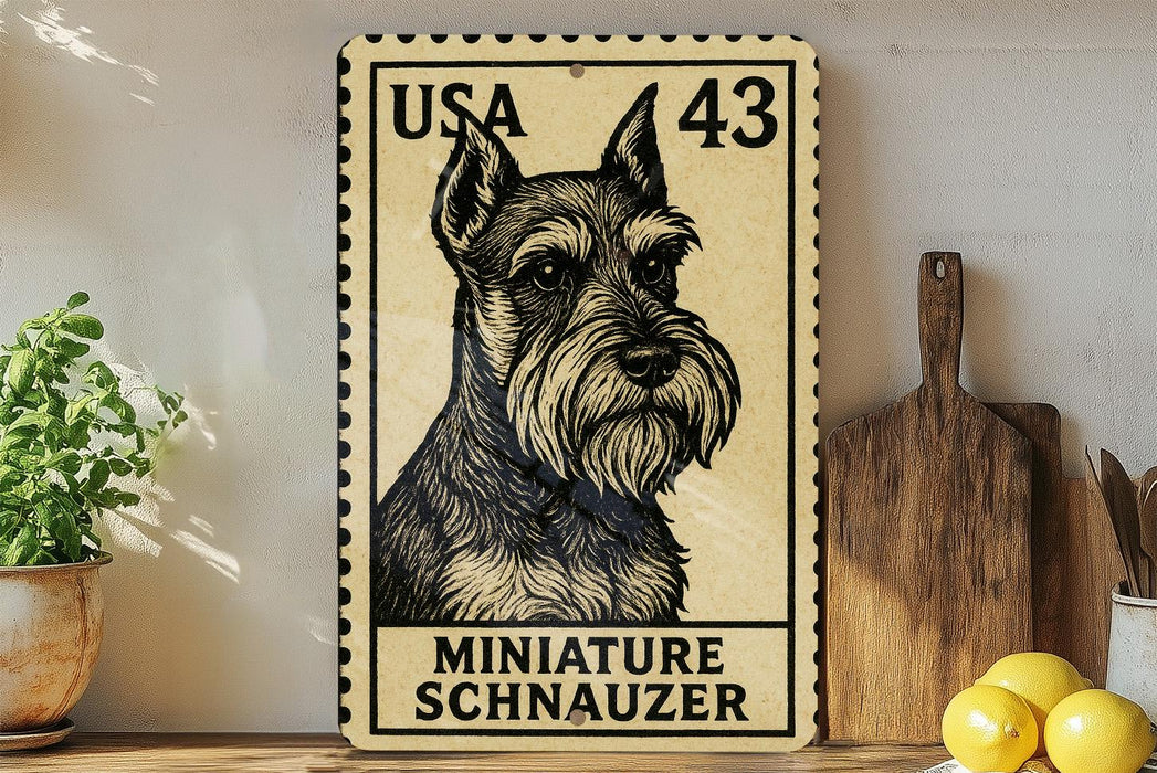 A miniature schnauzer dog stamp is displayed on a shelf, surrounded by kitchen utensils and a potted plant.