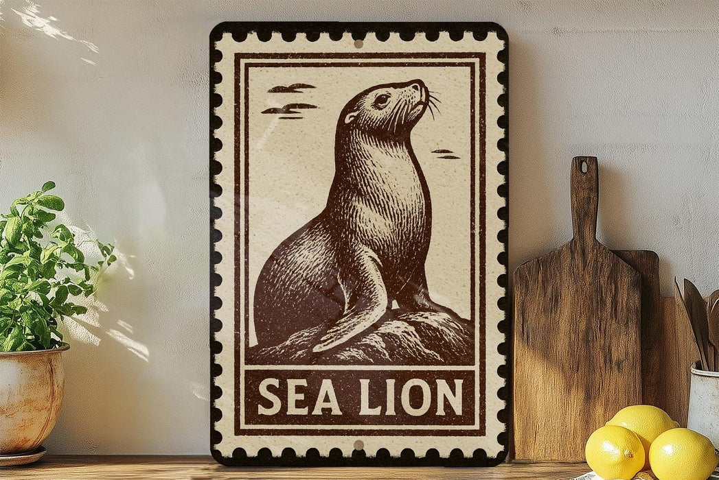 a framed illustration of a sea lion, with the word "SEA LION" written below it.