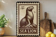 a framed illustration of a sea lion, with the word "SEA LION" written below it.