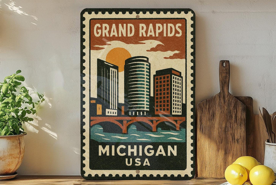 A vintage-style metal sign with a cityscape and a bridge, depicting the Grand Rapids, Michigan, USA.