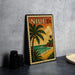 A vintage postage stamp depicting a tropical beach scene with palm trees and a sunset over the ocean.