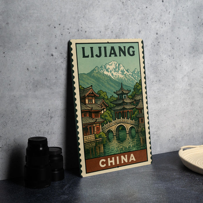 A vintage-style poster of Lijiang, China, featuring traditional Chinese architecture and a mountain backdrop.
