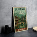 A vintage-style poster of Lijiang, China, featuring traditional Chinese architecture and a mountain backdrop.