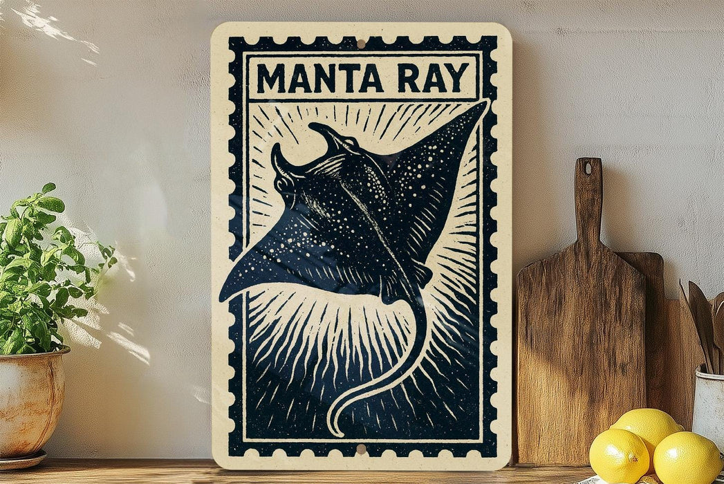 a framed print of a manta ray, a type of ray, on a wall. The manta ray is depicted in a stylized, black and white illustration with a decorative border. The print is placed next to a wooden cutting board and a potted plant, creating a homely, coastal-inspired setting.