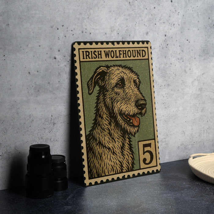a framed illustration of an Irish Wolfhound dog, with a stamp-like border and the number 5 printed on it.