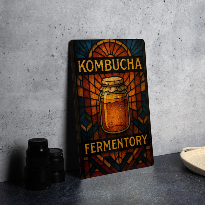 A colorful poster or sign for "Kombucha Fermentation" is displayed on a table, with a stack of black cups and a white dish visible in the background.