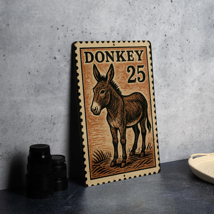 A metal sign featuring a donkey illustration and the number 25, placed on a countertop next to some black camera lenses.