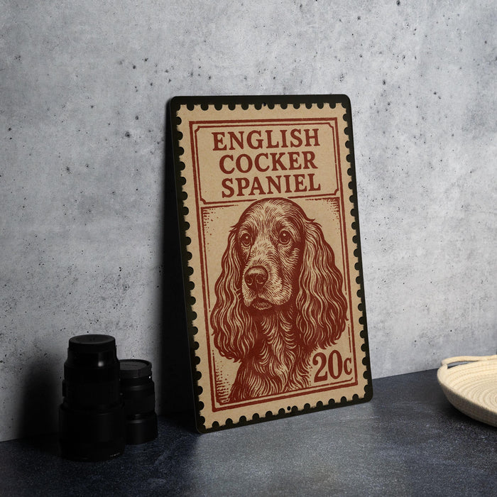 A metal sign featuring an illustration of an English Cocker Spaniel dog, with the text "English Cocker Spaniel" and "20c" printed on it.