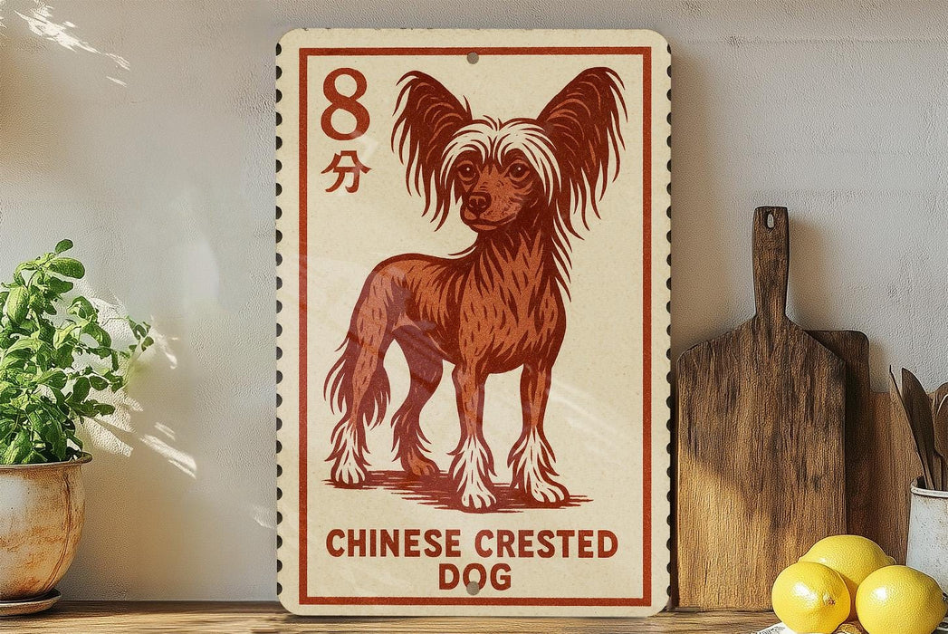 a Chinese Crested Dog, a small and fluffy breed of dog, depicted on a sign with the text "Chinese Crested Dog".