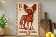 a Chinese Crested Dog, a small and fluffy breed of dog, depicted on a sign with the text "Chinese Crested Dog".