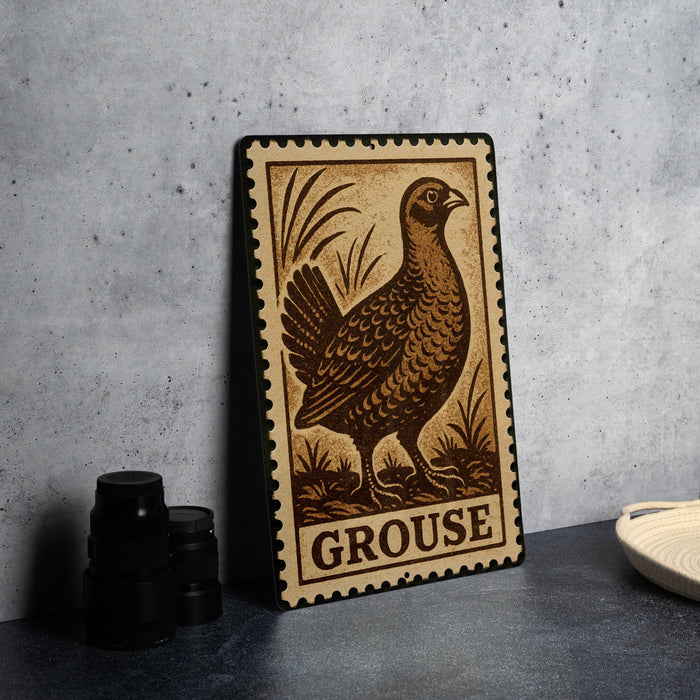 A metal sign featuring a detailed illustration of a grouse bird, with the word "Grouse" prominently displayed.