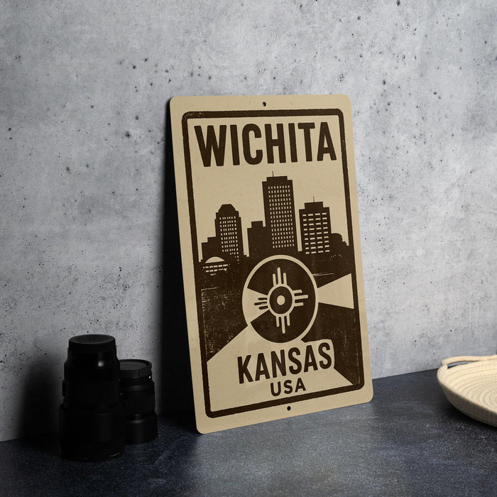 A sign for Wichita, Kansas USA, featuring a city skyline silhouette and the text "WICHITA KANSAS USA" on it.