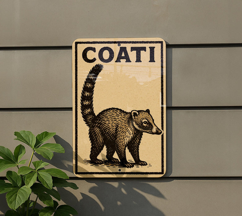 a sign with a raccoon illustration on it, mounted on a wall.