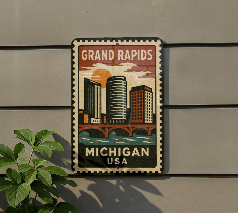 A vintage-style metal sign with a cityscape and a bridge, mounted on a wall, with a plant to the left.