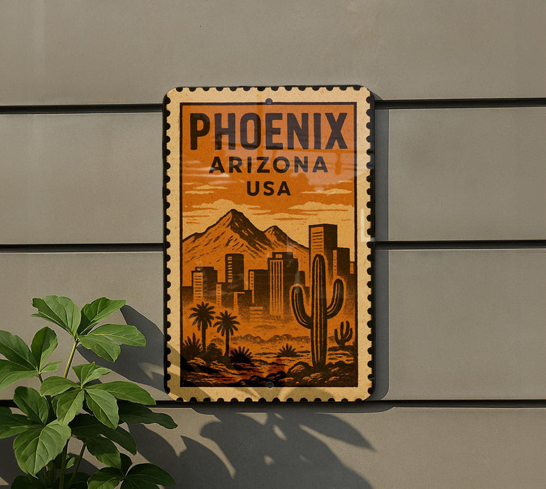 A vintage-style poster of Phoenix, Arizona, USA, featuring a desert cityscape with mountains in the background.