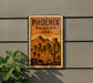 A vintage-style poster of Phoenix, Arizona, USA, featuring a desert cityscape with mountains in the background.