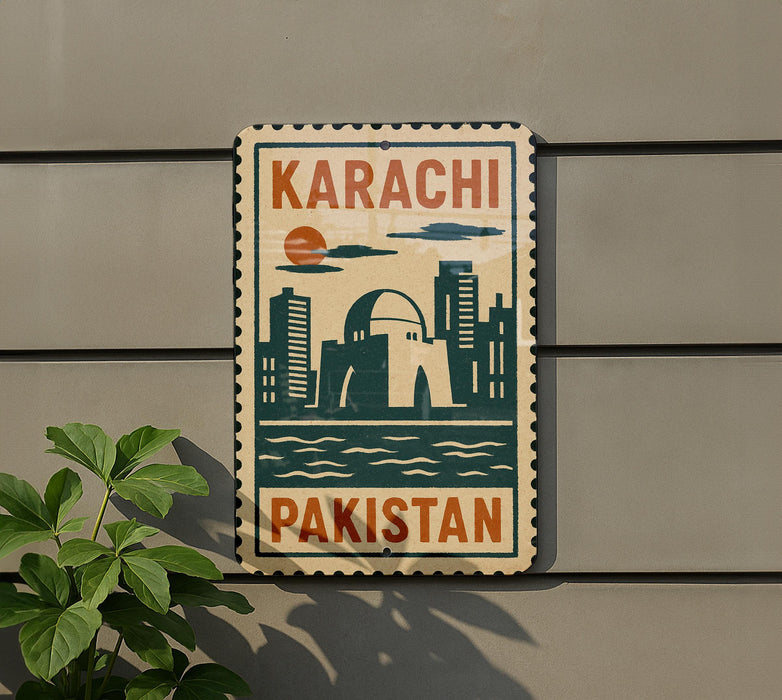 A vintage-style sign with the text "KARACHI PAKISTAN" and an illustration of a city skyline, mounted on a wall.