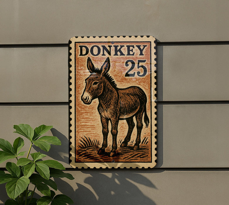 a donkey stamp with the number 25 on it, mounted on a wall next to a plant.