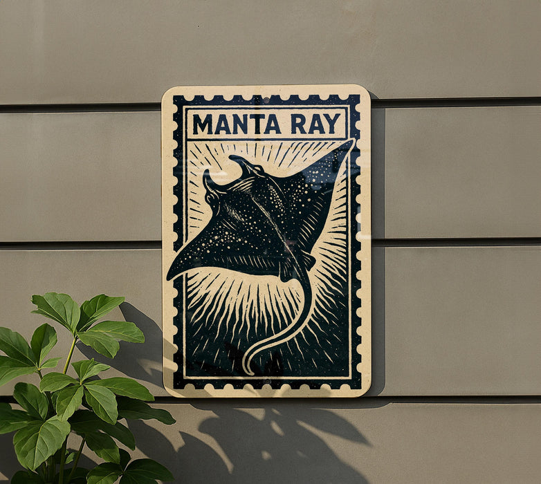 a decorative sign with a manta ray illustration, mounted on a wall next to a plant.